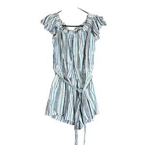 LOFT Beach Womens Romper Tan Multi Striped Linen Blend Smock Neck Flutter M